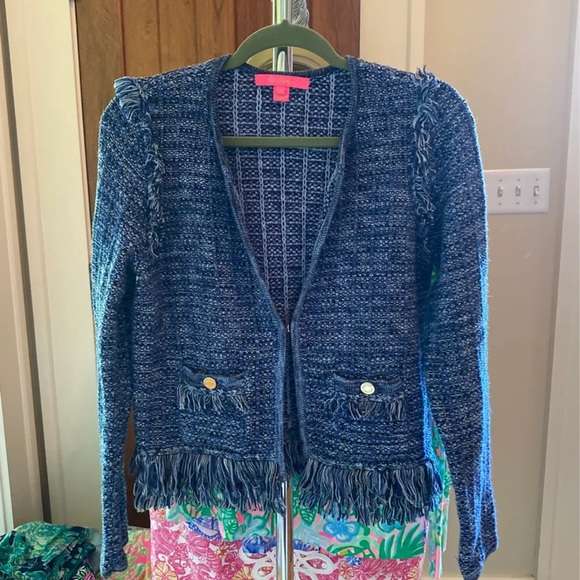 Simora Fringe Cardigan M - Oyster Bay Navy Exotic Tweed. NWOT new without tag - Picture 5 of 6
